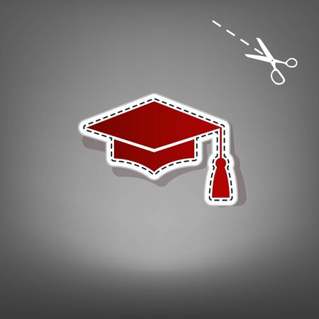 Mortar Board or Graduation Cap, Education symbol. Vector. Red icon with for applique from paper with shadow on gray background with scissors.の写真素材
