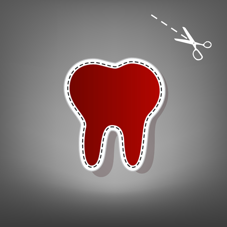 Tooth sign illustration. Vector. Red icon with for applique from paper with shadow on gray background with scissors.のイラスト素材
