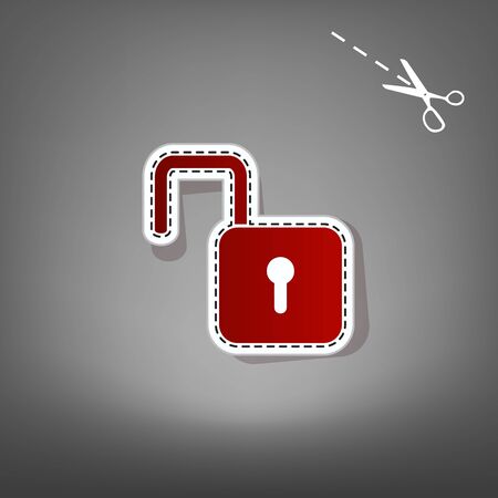 Unlock sign illustration. Vector. Red icon with for applique from paper with shadow on gray background with scissors.のイラスト素材