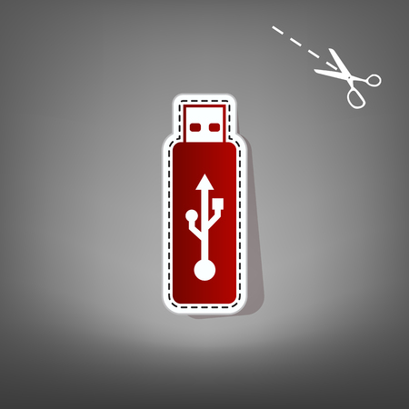 Vector USB flash drive sign. Vector. Red icon with for applique from paper with shadow on gray background with scissors.のイラスト素材