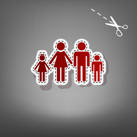 Family sign illustration. Vector. Red icon with for applique from paper with shadow on gray background with scissors.のイラスト素材