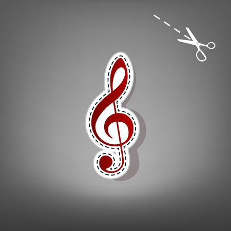 Music violin clef sign. G-clef. Treble clef. Vector. Red icon with for applique from paper with shadow on gray background with scissors.のイラスト素材