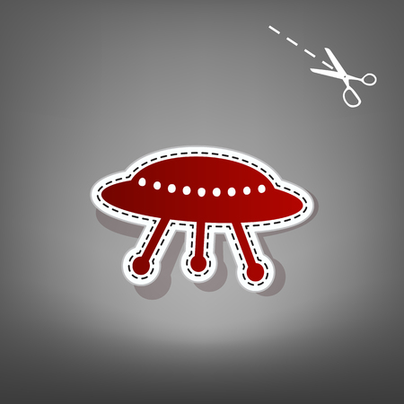 UFO simple sign. Vector. Red icon with for applique from paper with shadow on gray background with scissors.のイラスト素材