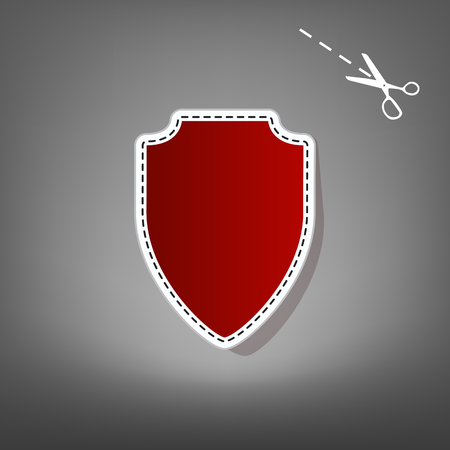 Shield sign illustration. Vector. Red icon with for applique from paper with shadow on gray background with scissors.のイラスト素材