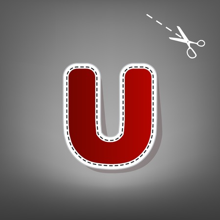 Letter U sign design template element. Vector. Red icon with for applique from paper with shadow on gray background with scissors.のイラスト素材