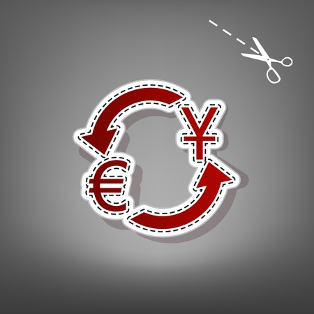 Currency exchange sign. Dollar and Euro. Vector. Red icon with for applique from paper with shadow on gray background with scissors.のイラスト素材