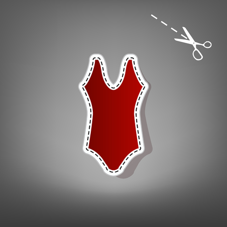 Woman`s swimsuit sign. Vector. Red icon with for applique from paper with shadow on gray background with scissors.のイラスト素材
