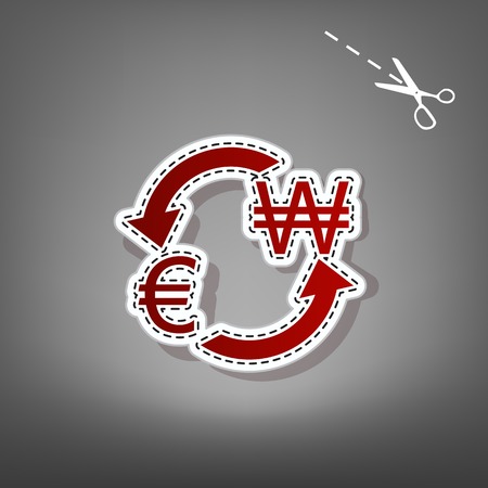 Currency exchange sign. Euro and South Korea Won. Vector. Red icon with for applique from paper with shadow on gray background with scissors.のイラスト素材