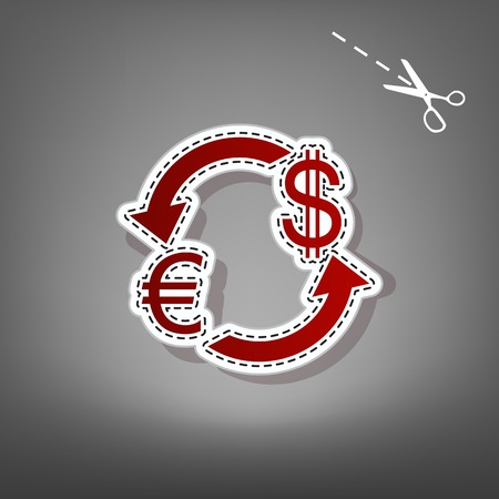 Currency exchange sign. Euro and US Dollar. Vector. Red icon with for applique from paper with shadow on gray background with scissors.のイラスト素材