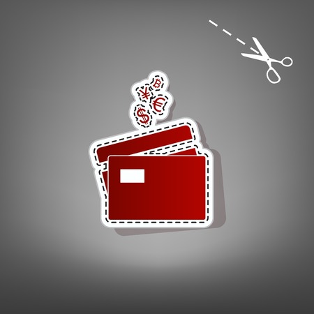 Credit cards sign with currency symbols. Vector. Red icon with for applique from paper with shadow on gray background with scissors.のイラスト素材
