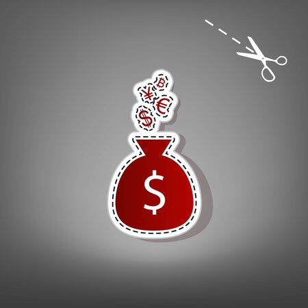 Money bag sign with currency symbols. Vector. Red icon with for applique from paper with shadow on gray background with scissors.のイラスト素材