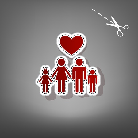 Family symbol with heart. Husband and wife are kept children's hands. Love. Vector. Red icon with for applique from paper with shadow on gray background with scissors.のイラスト素材