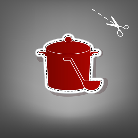 Pan with steam sign. Vector. Red icon with for applique from paper with shadow on gray background with scissors.のイラスト素材