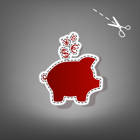 Piggy bank sign with the currencies. Vector. Red icon with for applique from paper with shadow on gray background with scissors.のイラスト素材