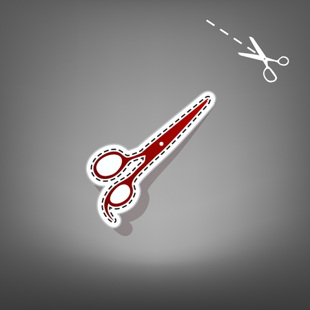 Hair cutting scissors sign. Vector. Red icon with for applique from paper with shadow on gray background with scissors.のイラスト素材