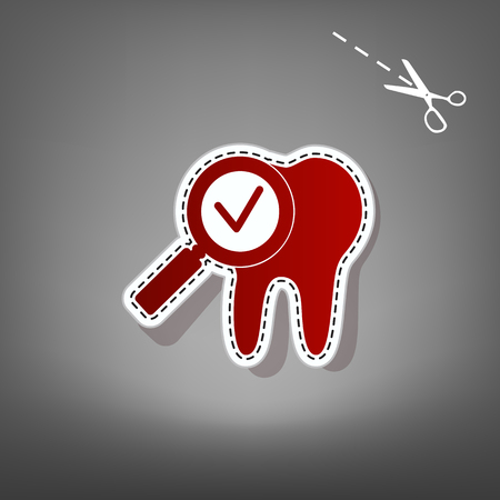 Tooth icon with a;;ow sign. Vector. Red icon with for applique from paper with shadow on gray background with scissors.のイラスト素材