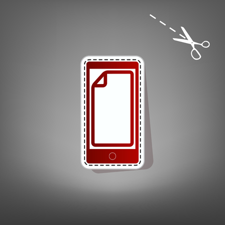 Protective sticker on the screen. Vector. Red icon with for applique from paper with shadow on gray background with scissors.のイラスト素材