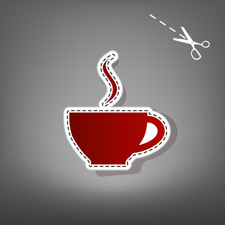 Cup sign with one small stream of smoke. Vector. Red icon with for applique from paper with shadow on gray background with scissors.のイラスト素材