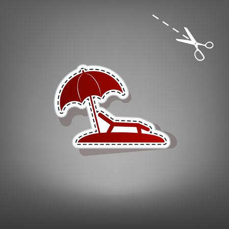 Tropical resort beach. Sunbed Chair sign. Vector. Red icon with for applique from paper with shadow on gray background with scissors.のイラスト素材