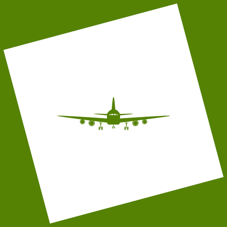 Flying Plane sign. Front view. Vector. White icon obtained as a result of subtraction rotated square and path. Avocado background.のイラスト素材