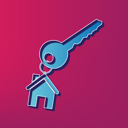 key with keychain as an house sign. Vector. Blue 3d printed icon on magenta background.のイラスト素材
