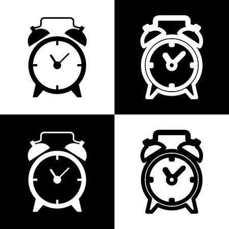 Alarm clock sign. Vector. Black and white icons and line icon on chess board.の写真素材