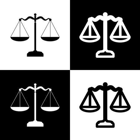 Scales balance sign. Vector. Black and white icons and line icon on chess board.の写真素材