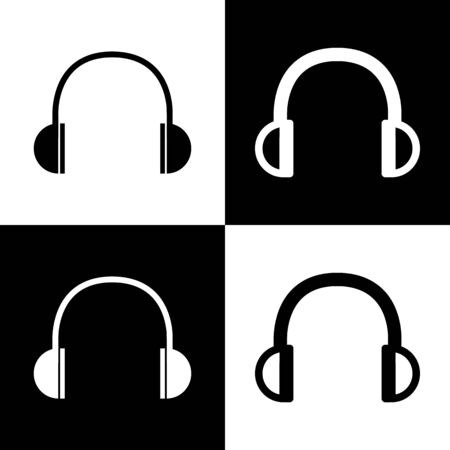 Headphones sign illustration. Vector. Black and white icons and line icon on chess board.の写真素材