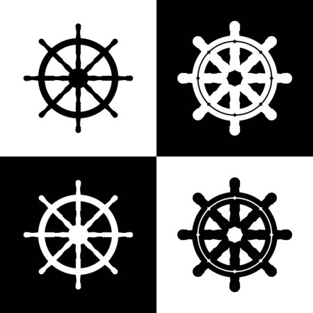 Ship wheel sign. Vector. Black and white icons and line icon on chess board.の写真素材