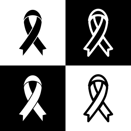 Black awareness ribbon sign. Vector. Black and white icons and line icon on chess board.のイラスト素材