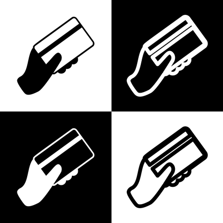 Hand holding a credit card. Vector. Black and white icons and line icon on chess board.のイラスト素材