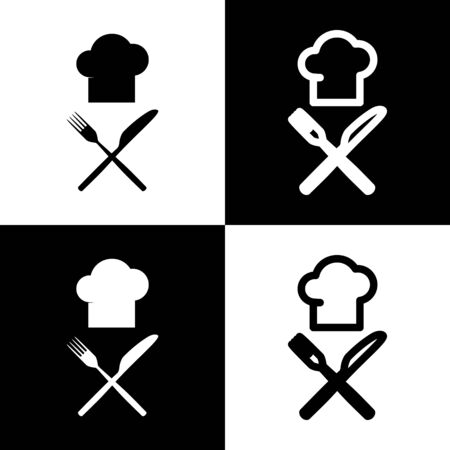 Chef with knife and fork sign. Vector. Black and white icons and line icon on chess board.のイラスト素材