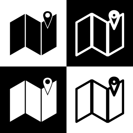Pin on the map. Vector. Black and white icons and line icon on chess board.のイラスト素材