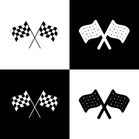 Crossed checkered flags  waving in the wind conceptual of motor sport. Vector. Black and white icons and line icon on chess board.のイラスト素材