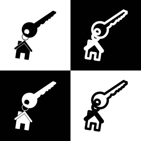key with keychain as an house sign. Vector. Black and white icons and line icon on chess board.のイラスト素材