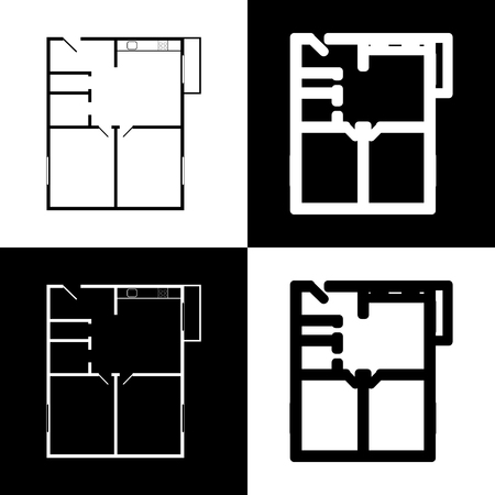 Apartment house floor plans. Vector. Black and white icons and line icon on chess board.のイラスト素材