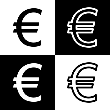 Euro sign. Vector. Black and white icons and line icon on chess board.のイラスト素材