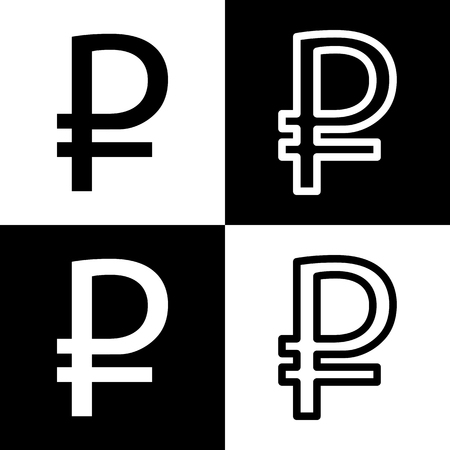 Ruble sign. Vector. Black and white icons and line icon on chess board.のイラスト素材