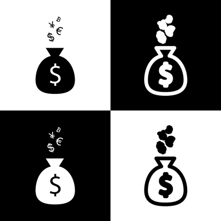 Money bag sign with currency symbols. Vector. Black and white icons and line icon on chess board.のイラスト素材