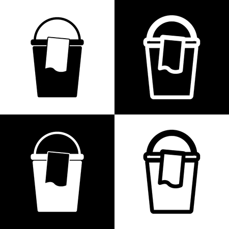 Bucket and a rag sign. Vector. Black and white icons and line icon on chess board.のイラスト素材