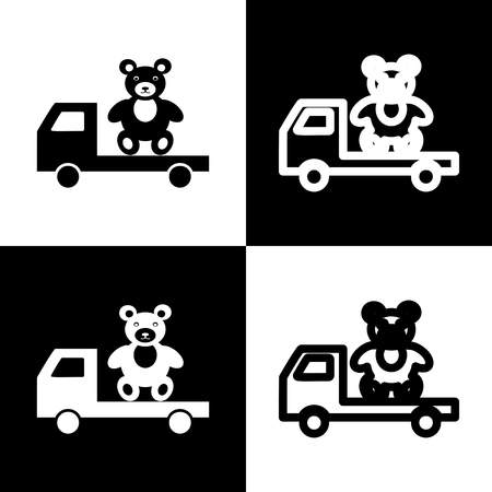 Truck with bear. Vector. Black and white icons and line icon on chess board.のイラスト素材