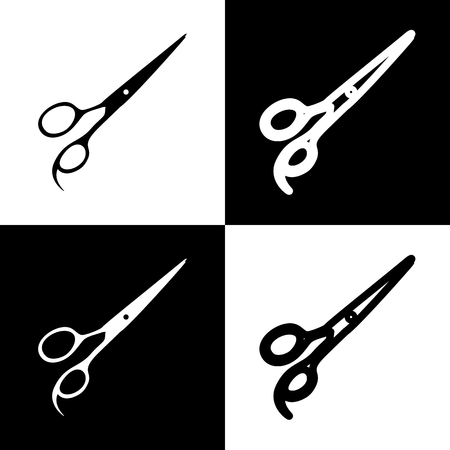 Hair cutting scissors sign. Vector. Black and white icons and line icon on chess board.のイラスト素材