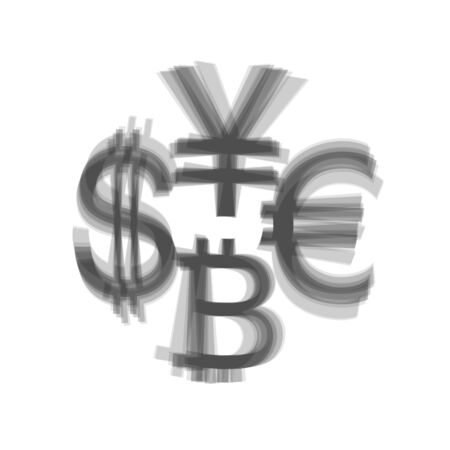 Currency sign collection dollar, euro, bitcoin, yen. Vector. Gray icon shaked at white background.のイラスト素材