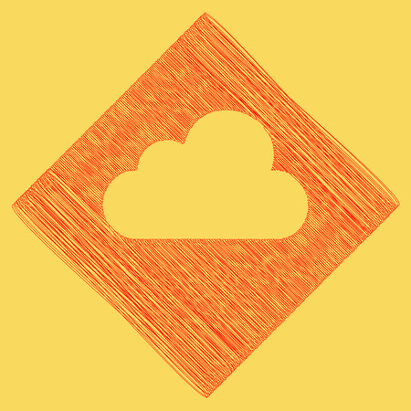 Cloud sign illustration. Vector. Red scribble icon obtained as a result of subtraction rhomb and path. Royal yellow background.のイラスト素材