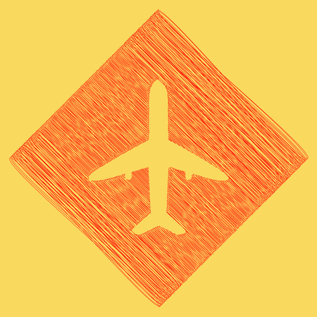 Airplane sign illustration. Vector. Red scribble icon obtained as a result of subtraction rhomb and path. Royal yellow background.のイラスト素材
