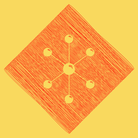 Molecule sign illustration. Vector. Red scribble icon obtained as a result of subtraction rhomb and path. Royal yellow background.のイラスト素材