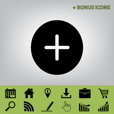 Positive symbol plus sign. Vector. Black icon at gray background with bonus icons at celery onesのイラスト素材