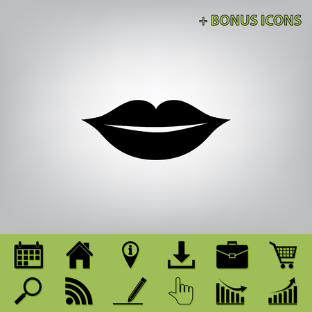 Lips sign illustration. Vector. Black icon at gray background with bonus icons at celery onesのイラスト素材
