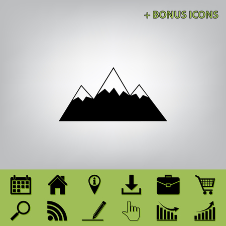 Mountain sign illustration. Vector. Black icon at gray background with bonus icons at celery onesのイラスト素材