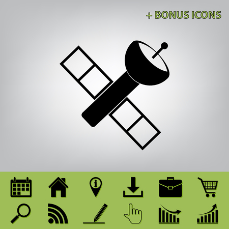 Satellite sign illustration. Vector. Black icon at gray background with bonus icons at celery onesのイラスト素材